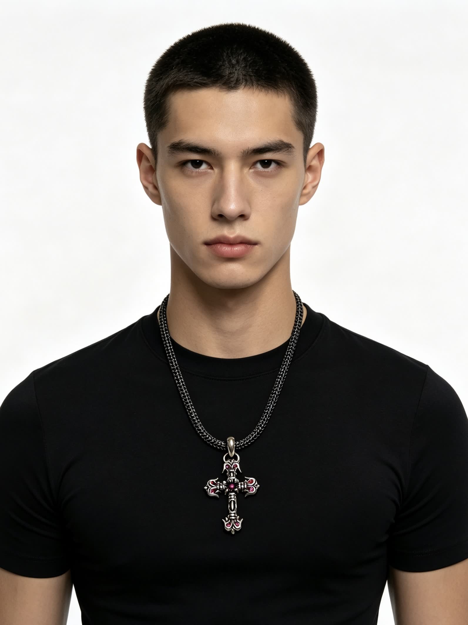 Chrome Hearts Silver Cross Pendant with Pink Stones